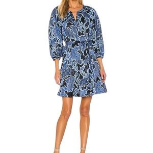 NWT Parker Jenna Dress In Marine Safari Blue Print, Waist Tie Medium $228